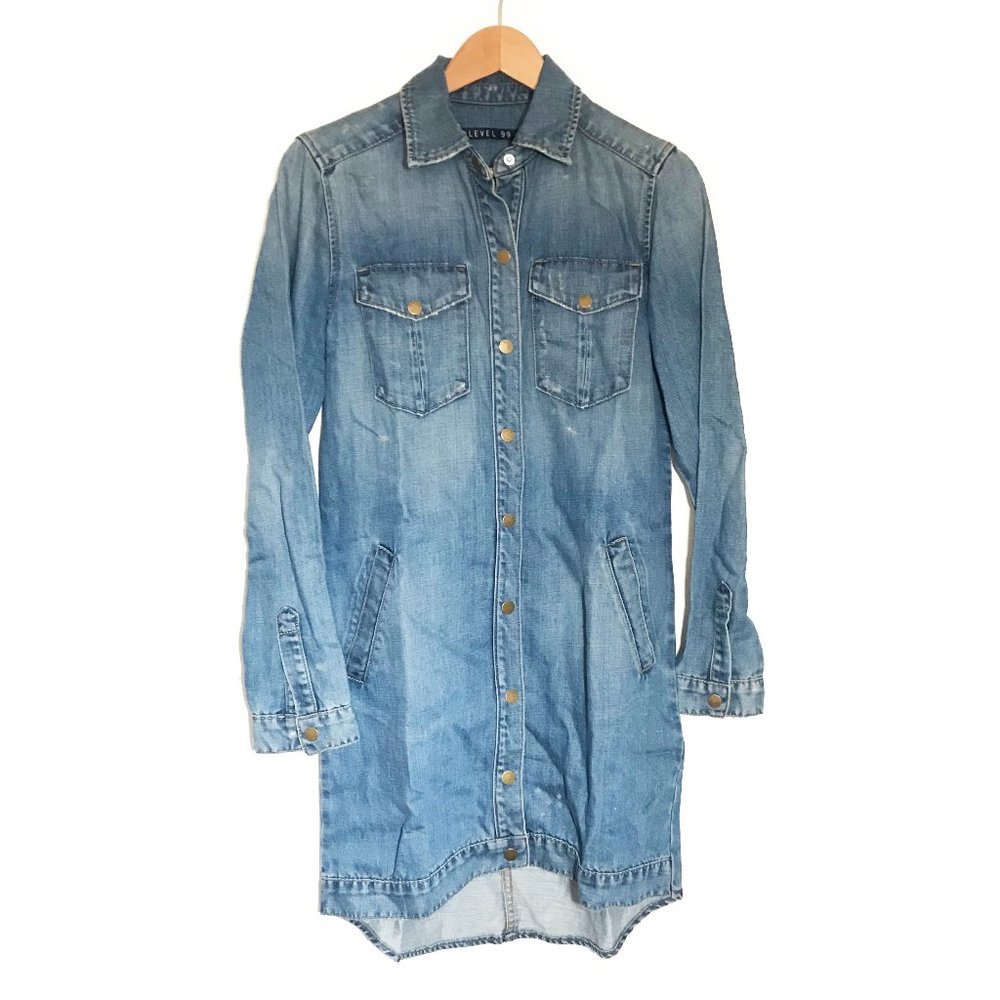 Level 99 Mid-weight Medium Wash Denim Snap Button Shirt Dress Distressed Small